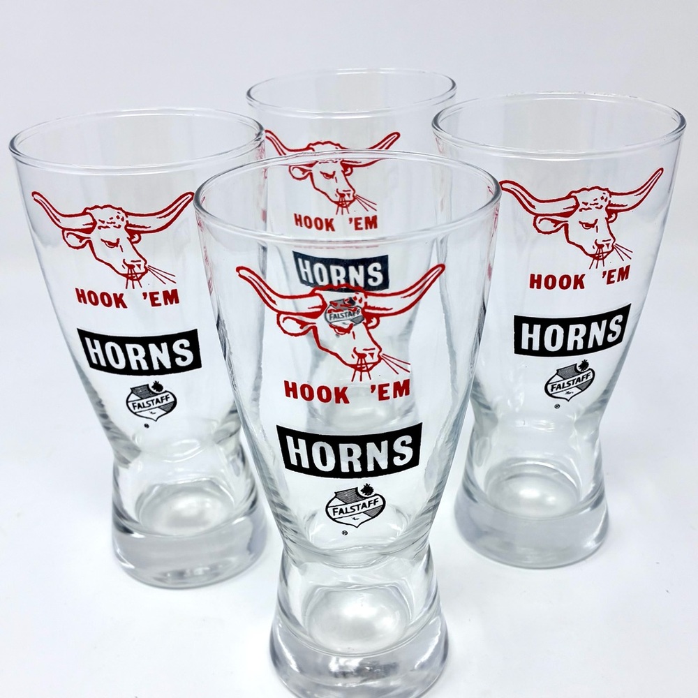 RARE VTG 1970's Texas Longhorns Hook 'Em Horns Falstaff Pilsner Glasses 6” Tall